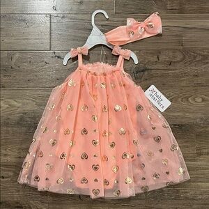 Baby Starters Coral Dress with Gold Heart Details and Headband